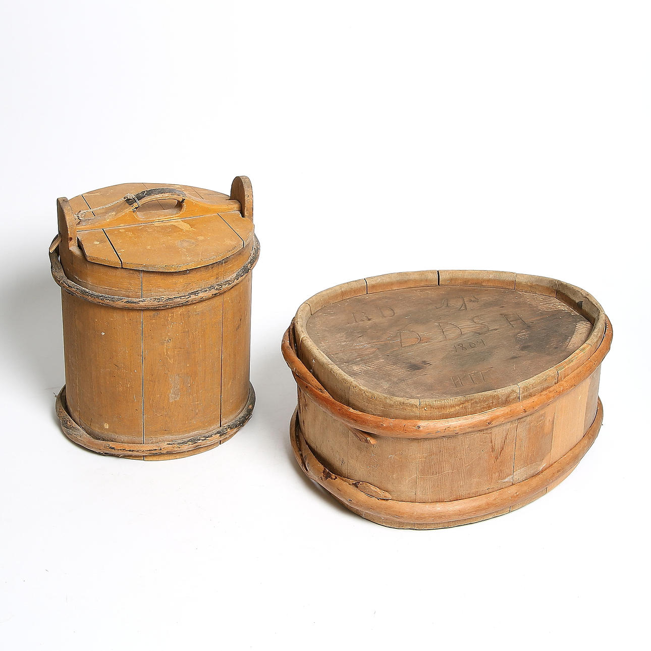 KAGGE samt LAGGKÄRL, 2 delar, fur, bomärkt, ägarmärkt samt daterad, 1804.