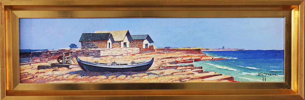 STIG JONZON. "Sjöbodar och båt, Gillberga" olja på pannå, signerad.