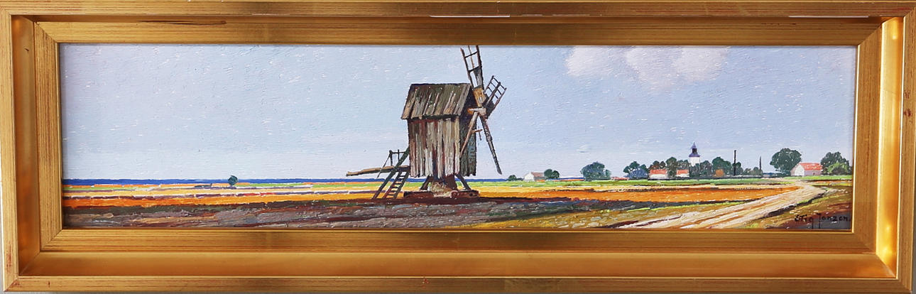 STIG JONZON. "Kvarn, Segerstad, Öland", olja på pannå, signerad.