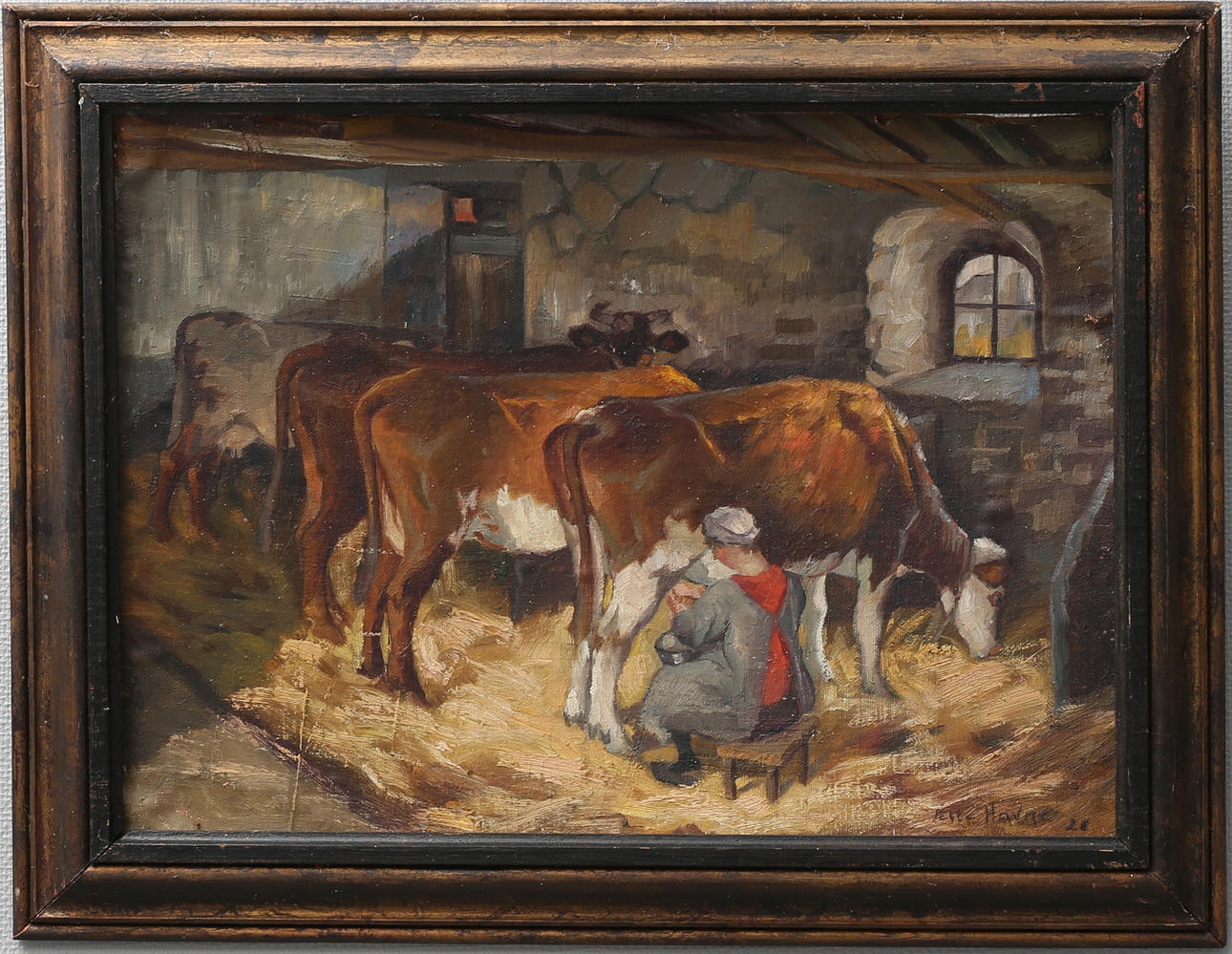 PELLE HAVNE. Mjölkande piga. Olja på uppklistrad duk, signerad.