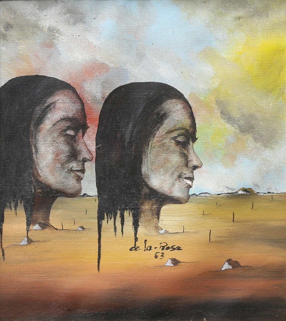 OIDENTIFIERAD KONSTNÄR. Surrealistiskt motiv. Olja på duk, signerad de la Rosa och daterad 63.
