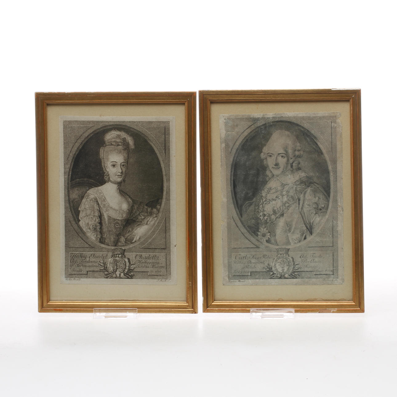 J. SNACK. efter Alexander Roslin, 2 st. gravyrer, Gustav III och Hedvig Elisabet Charlotta.