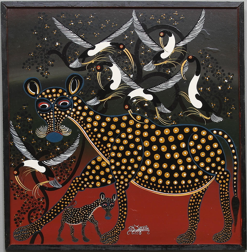 OIDENTIFIERAD KONSTNÄR. TingaTiangaskolan. Lack på masonit. Signerad Jafar.