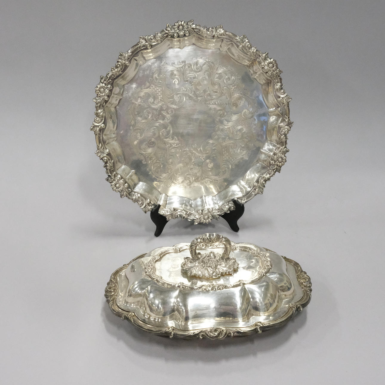 TRAY AND TERRINE. ENGLAND. NICKEL SILVER.