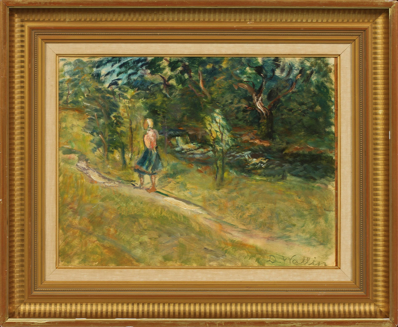 DAVID WALLIN. Landskap med figur, olja på pannå, signerad.