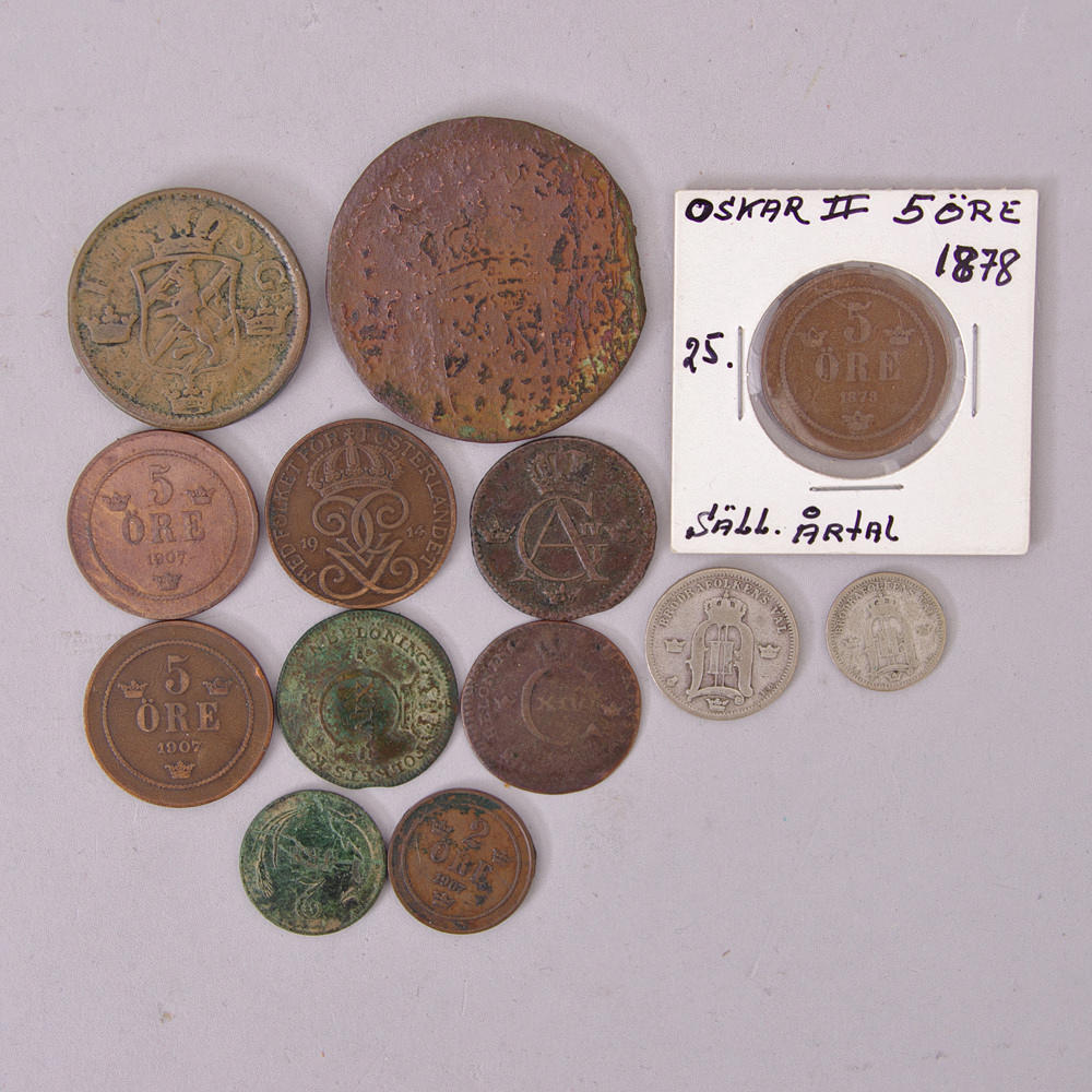 ÄLDRE MYNT, 13 stycken, koppar/silver.
