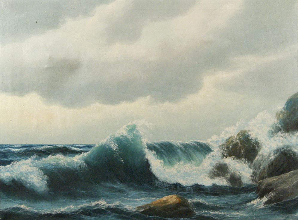 FREDERIK ERNLUND. havslandskap. Surfa på en stenig kust.