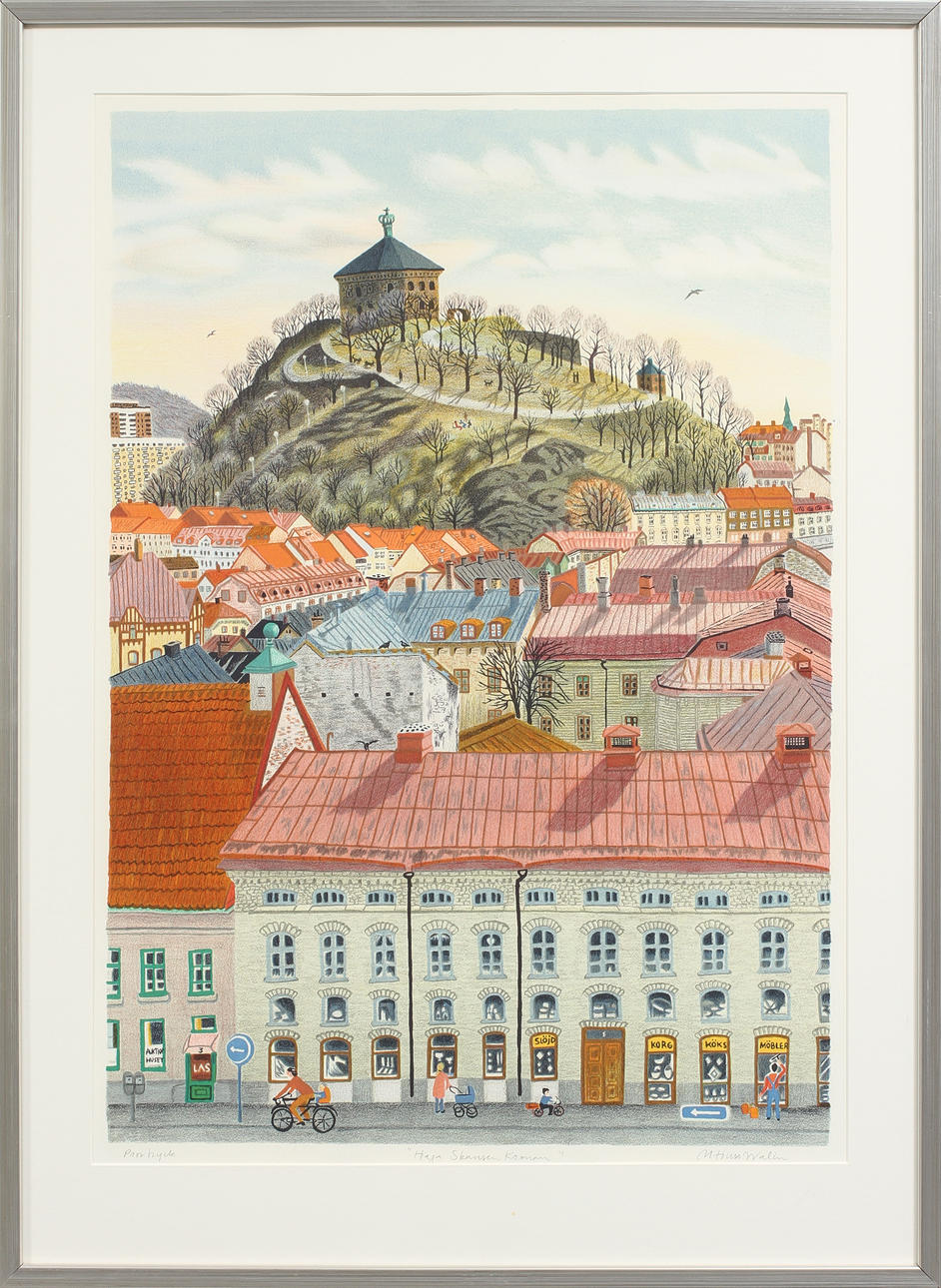 MONA HUSS WALIN. "Haga Skansen Kronan", färglitografi, signerad, provtryck.