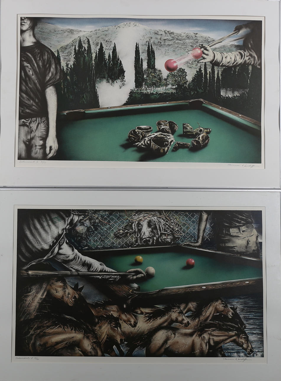 CLARENCE & CHRISTOFFER. Dokument I och V, färglitografier, 2 st, signerat Clarence & Christoffer.