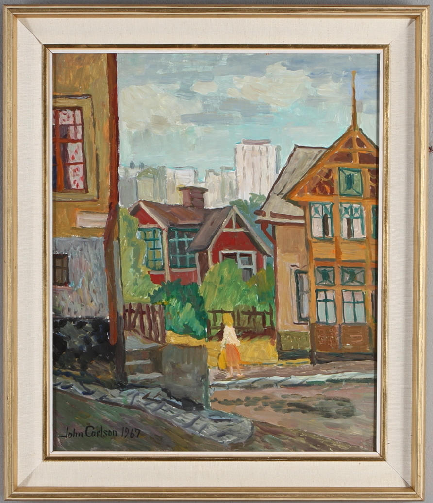 JOHN CARLSON. Motiv från Hagalund, olja på pannå, signerad och daterad 1967.