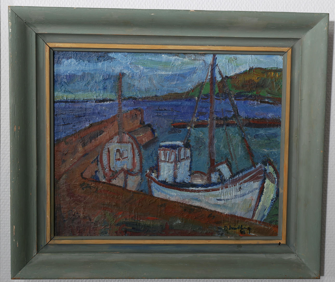 BERTIL LUNDBERG. Olja på pannå, "Båtar i hamn", signerad B Lundberg och daterad.