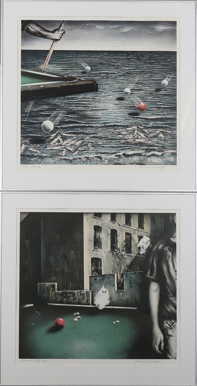 CLARENCE & CHRISTOFFER. Dokument II och IV, färglitografier, 2 st, signerat Clarence & Christoffer.