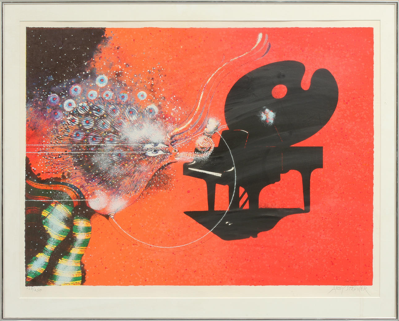 ARDY STRÜWER. Komposition med piano, färglitografi, signerad och numrerad 128/250.