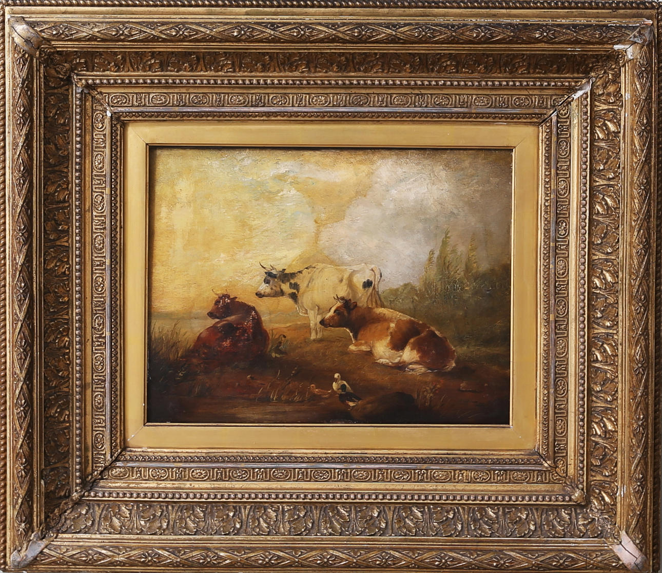 OIDENTIFIERAD KONSTNÄR. "Cattle in a landscape", olja på pannå, England, signerad á tergo, 1800-tal.
