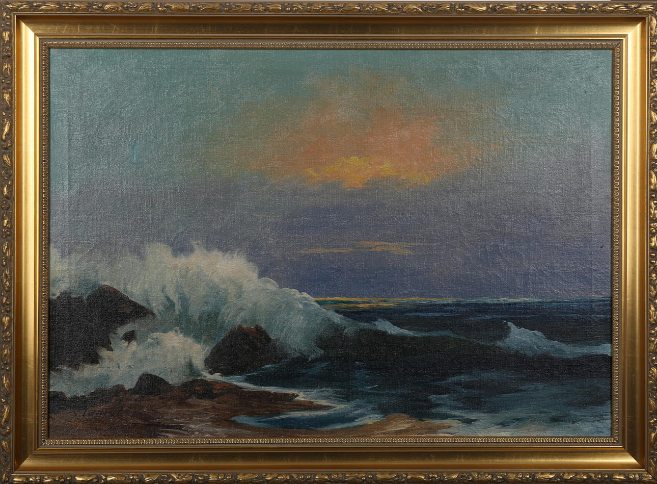 OIDENTIFIERAD konstnär, motiv av bränningar, olja på duk, signerad V Lannet.