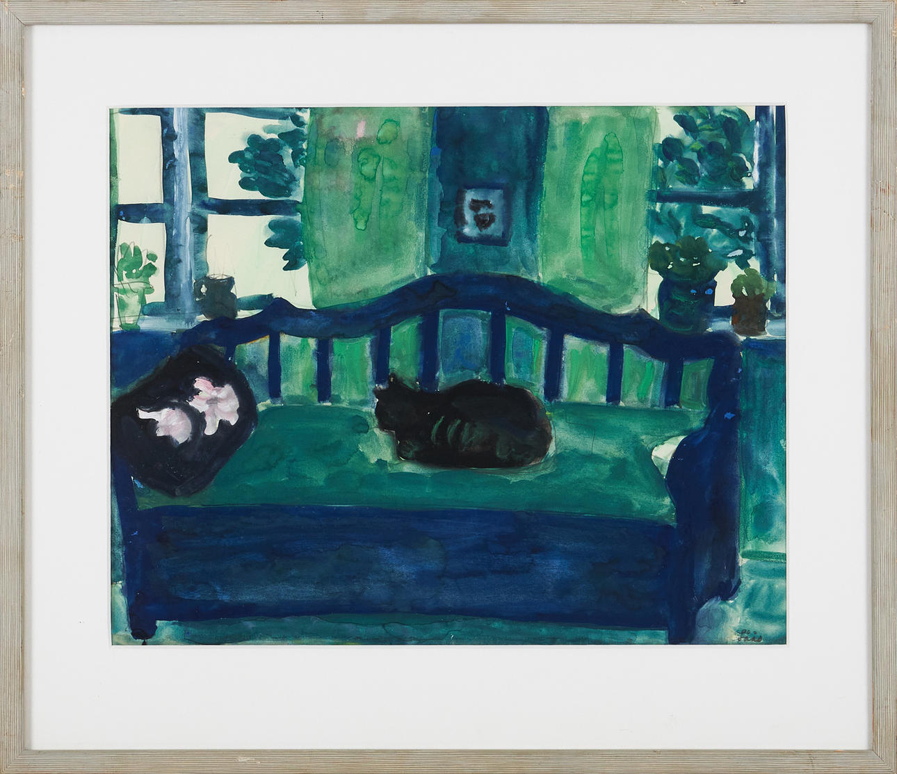 EVY LÅÅS. Composition with cat, watercolor, signed.