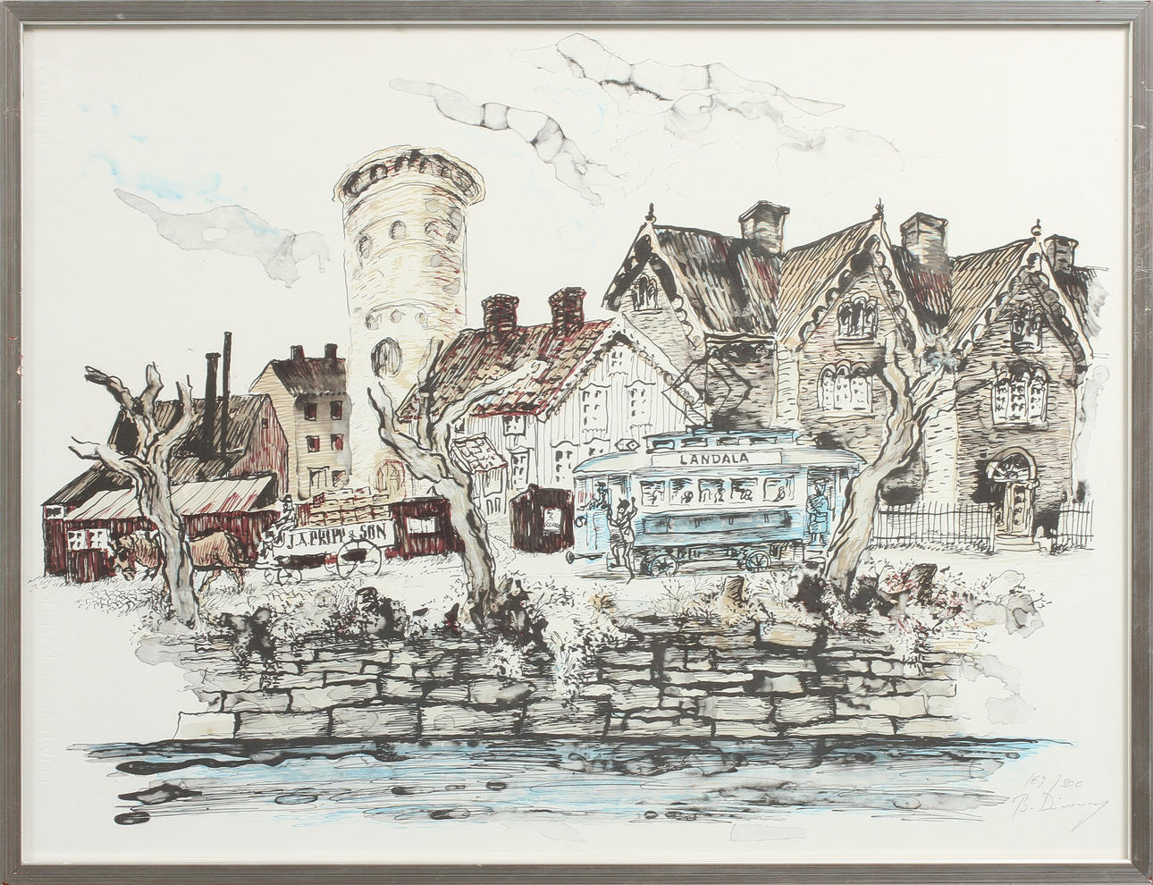 BENGT DIMMING. Spårvagn till Landala, färglitografi, signerad och numrerad 169/300.