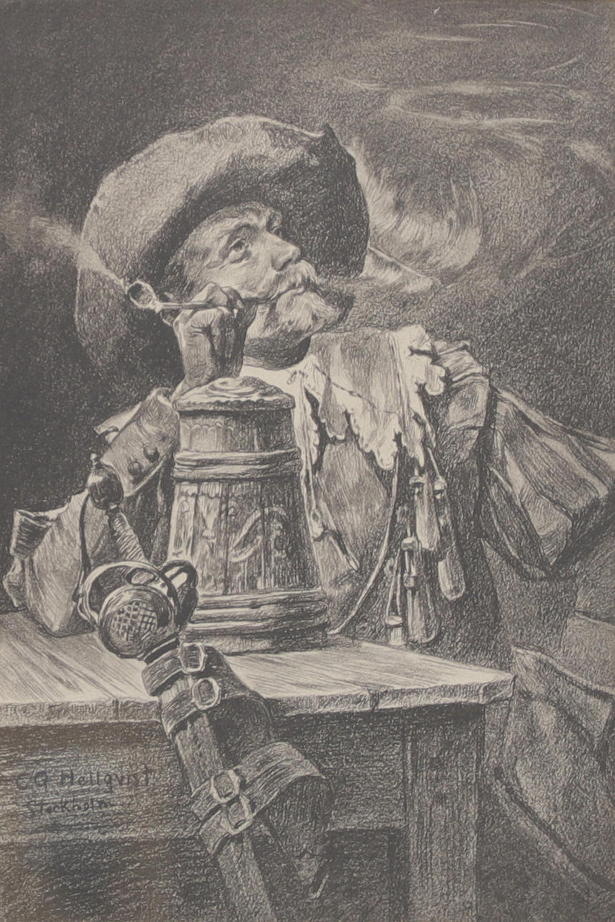 CARL GUSTAF HELLQVIST. Rökande militär, tryck.