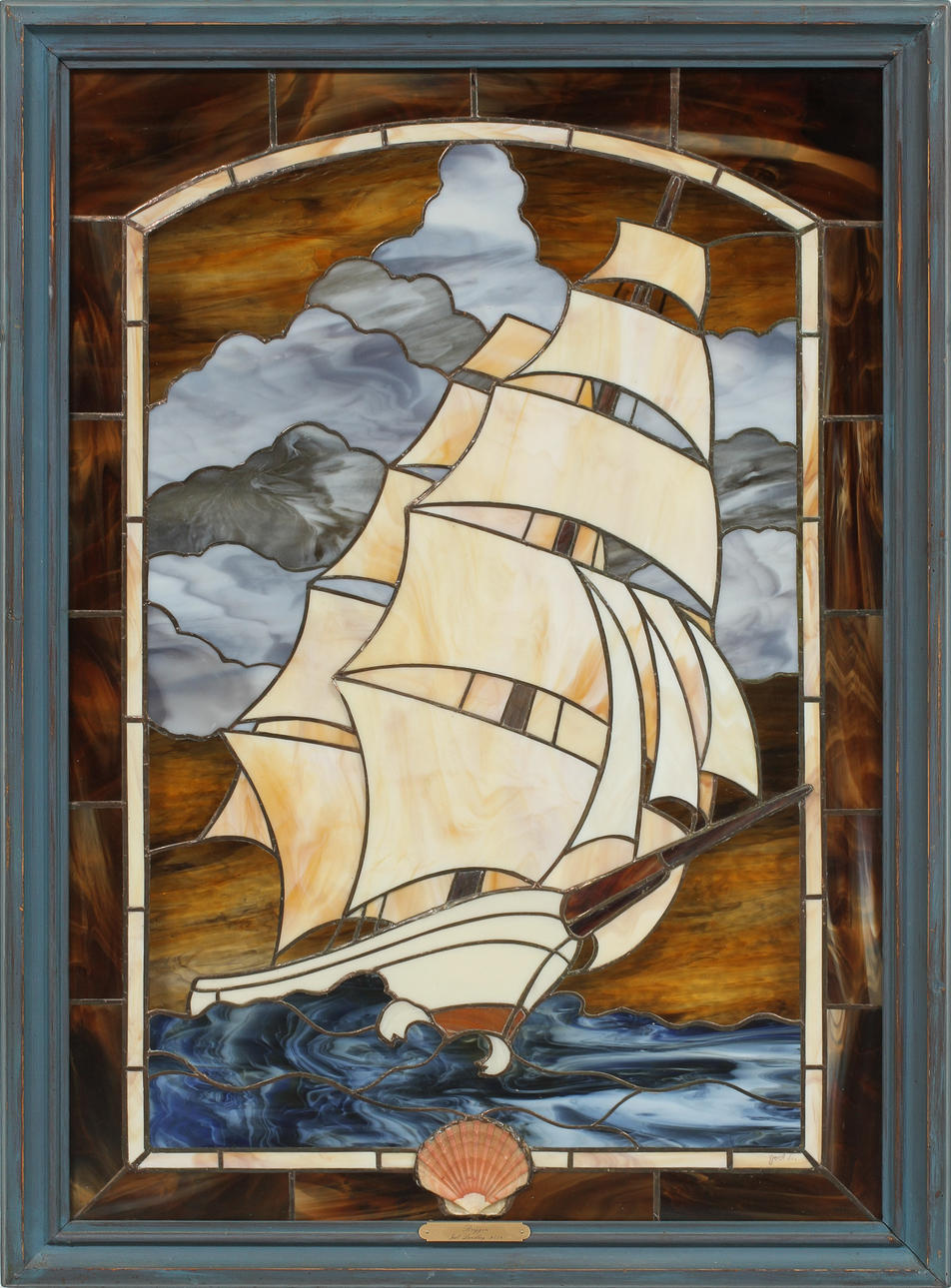 JOEL LUNDBERG. Blyinfattat glas, "Briggen", signerad.