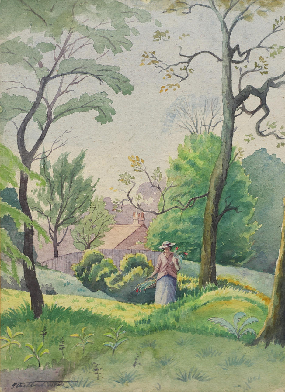 ETHELBERT WHITE (1891-1972). LADY GATHERING FLOWERS; BEACHED BOATS; BOATS ON AN ESTUARY; BOAT ON A MOORING; FIGURE IN A WOOD.