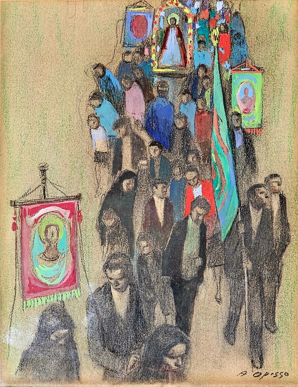 ALFREDO OPISSO CARDONA. MIXED TECHNIQUE ON CARDBOARD, PROCESSION.