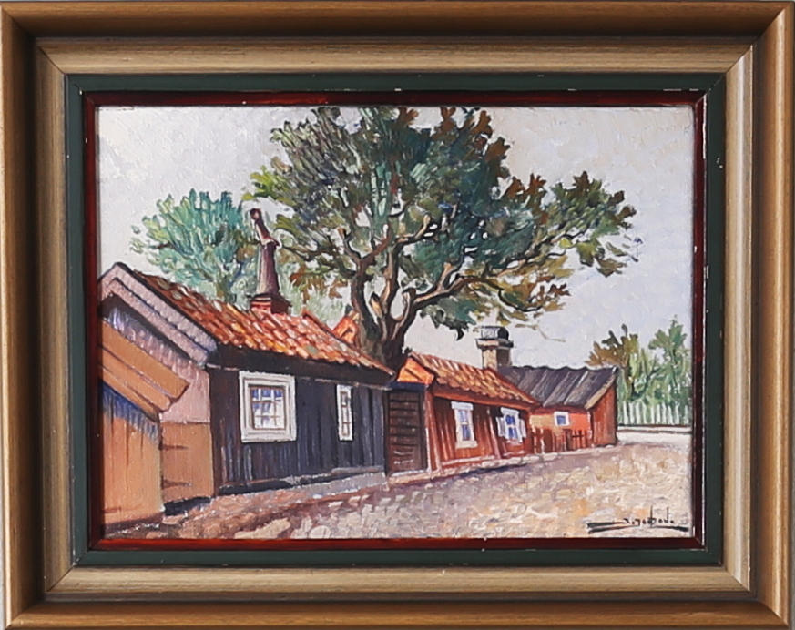 STIG JONZON. "Motiv från Gustav Wasagatan, Kalmars gamla stad", olja på duk, signerad.