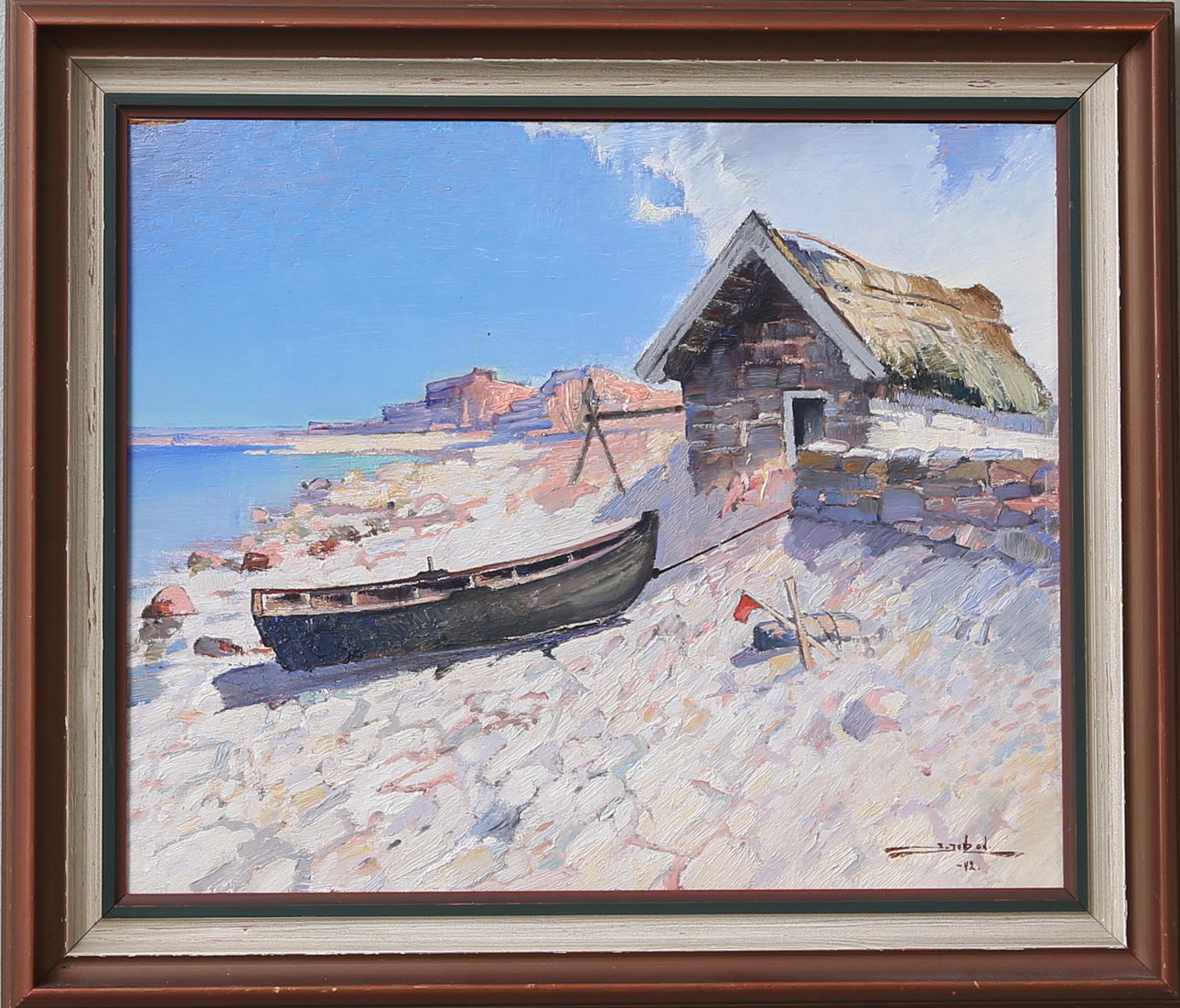 STIG JONZON. Strandmotiv, olja på pannå, signerad samt daterad -42.