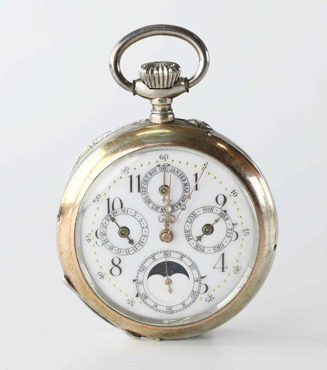 POCKET WATCH, Avance Retard, Moon phase, silver.
