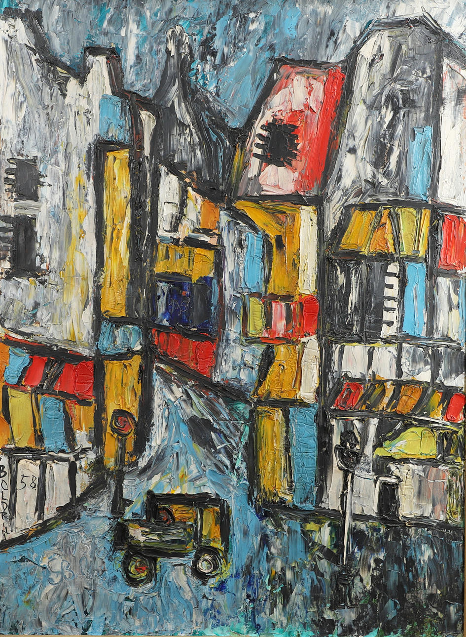 GUSTAVO BOLDRINI (1927-1987). TOWN SCENE WITH CAR.