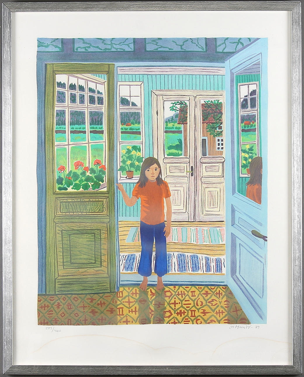 MONA HUSS WALLIN. Flicka på veranda, färglitografi. Signerad, numrerad samt daterad, Nr. 293/460, -79.