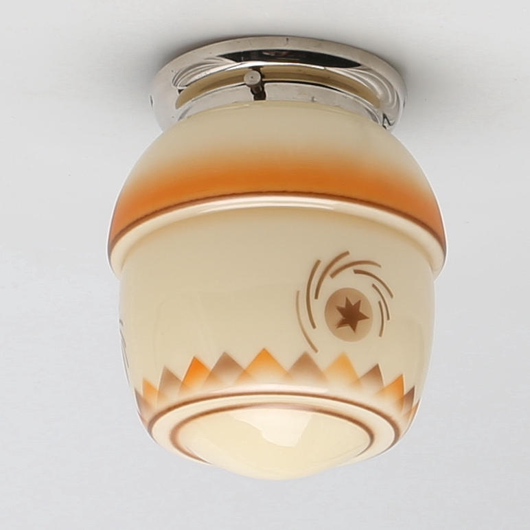 HALLAMPA i glas, bemålad dekor i orange/brunt, 1930-tal.