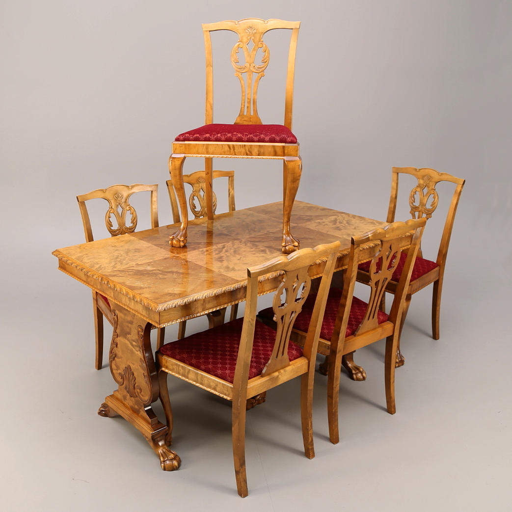 MATSALSMÖBEL 7 delar, Chippendalestil, björk, 1900-tal.