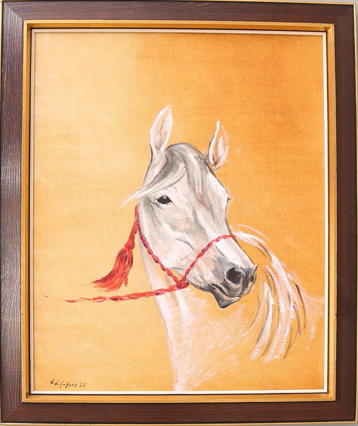 CHARLOTTA LILJEFORS. Olja på duk, hästporträtt, signerad , daterad -77.