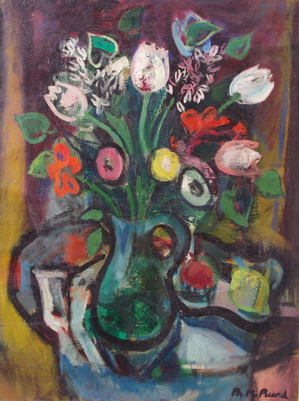 OIDENTIFIERAD KONSTNÄR. Blomsterstilleben, olja på duk, otydligt signerad.