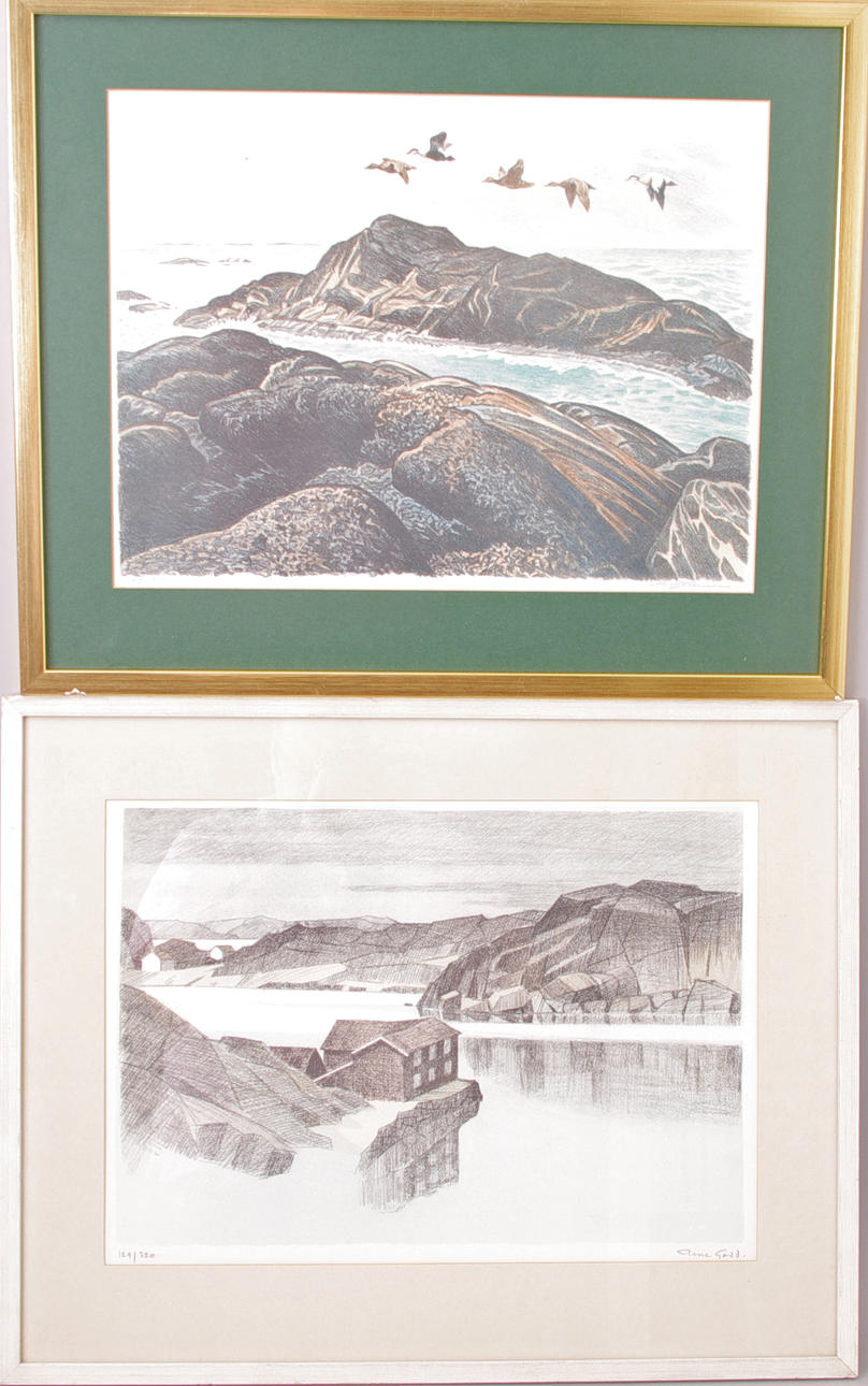 2 KUSTPARTIER, färglitografier, bl.a. Arne Gadd.