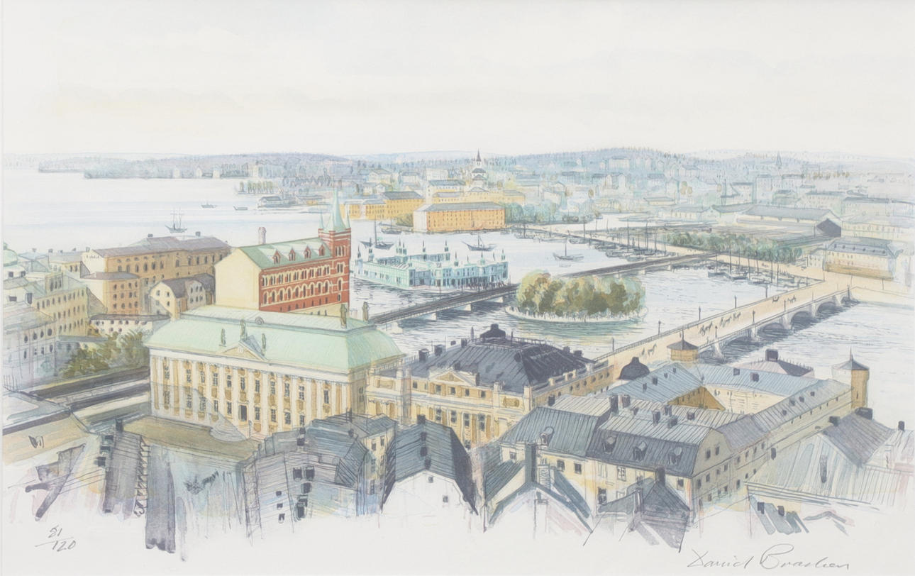 DAVID BRACKEN. Stockholm motif, color lithography, signed and numbered 81/120.