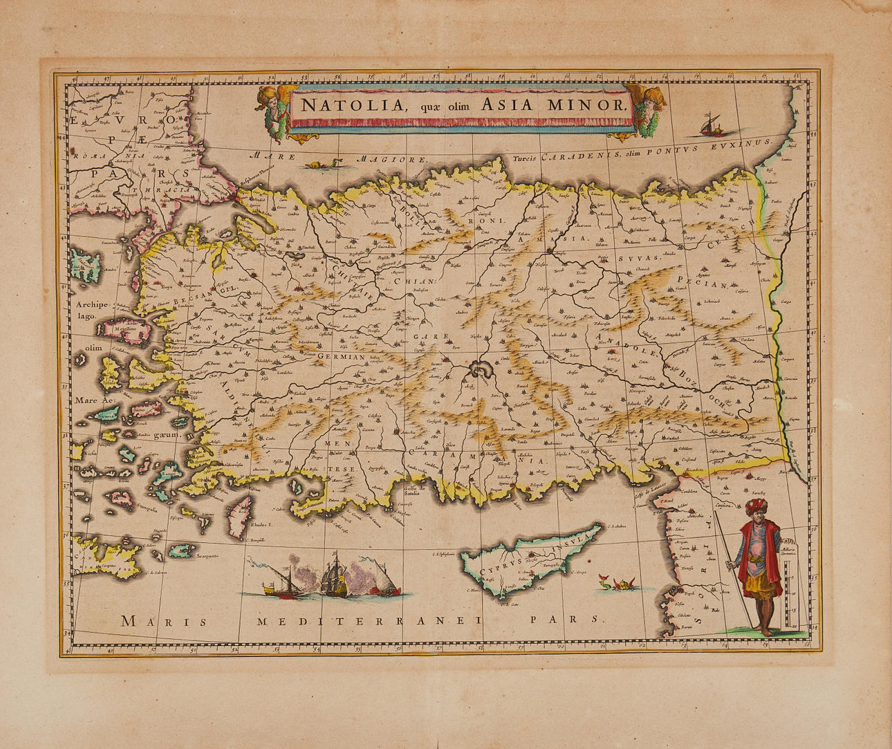 KORT OVER TYRKIET OG CYPERN, Blaeu ca 1634.
