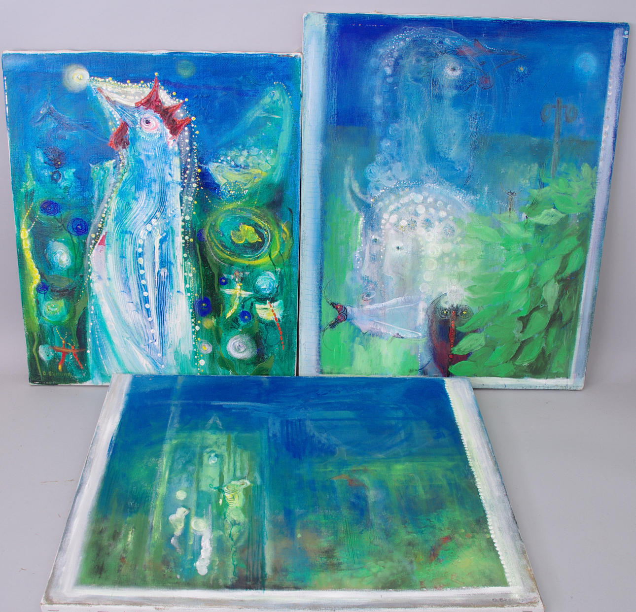 OWE EKELUND. Kompositioner med tuppar, 2 oljemålningar på duk, signerad O. Ekelund.