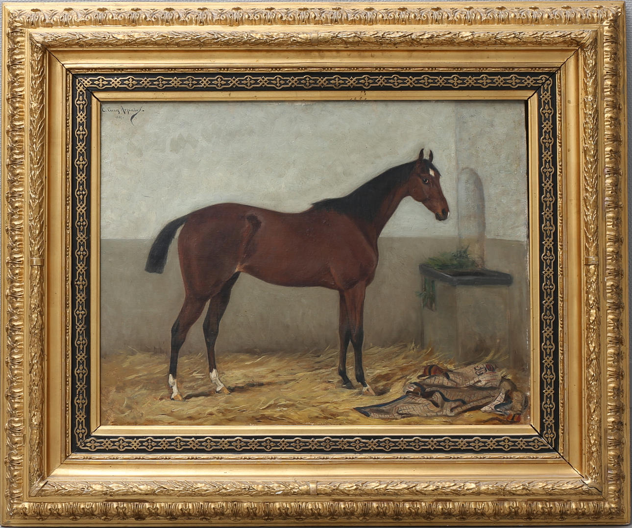 CARL GEORG ARSENIUS. Interiör med häst. Olja på duk, signerad och daterad 1881.