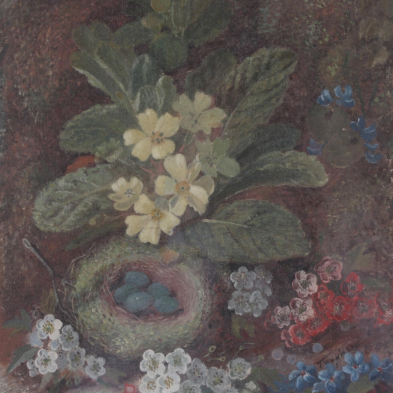 OIDENTIFIERAD KONSTNÄR. Olja på duk, blomsterstilleben med ägg, signerad T Wilkinson.