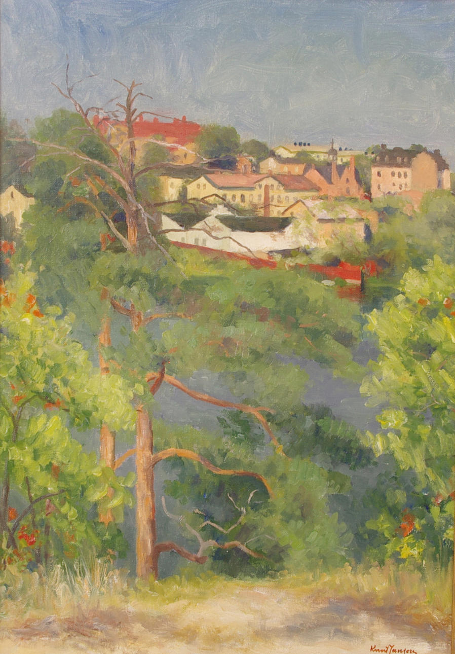 KNUT JNSON. Utsikt mot Lövholmen, Stockholm, olja op duk, signerad 1944.