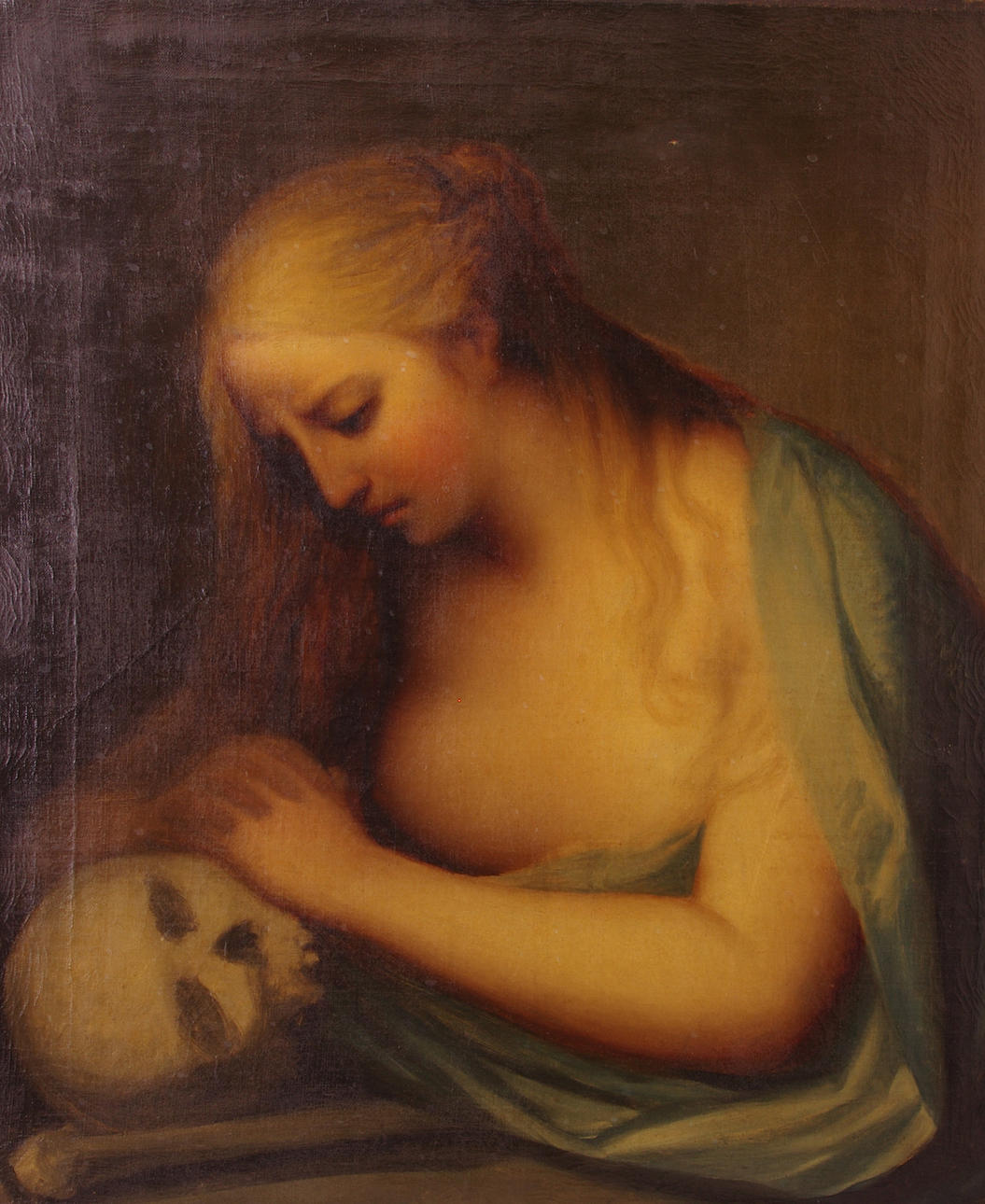 OIDENTIFIERAD KONSTNÄR. Kvinna med dödskalle, olja på duk, 1800-tal, otydligt signerad.