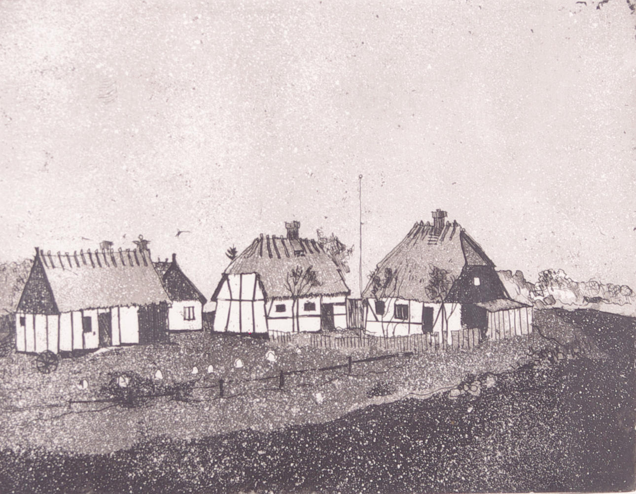 INGER KIHMAN. Landscape with houses, lithograph, signed.