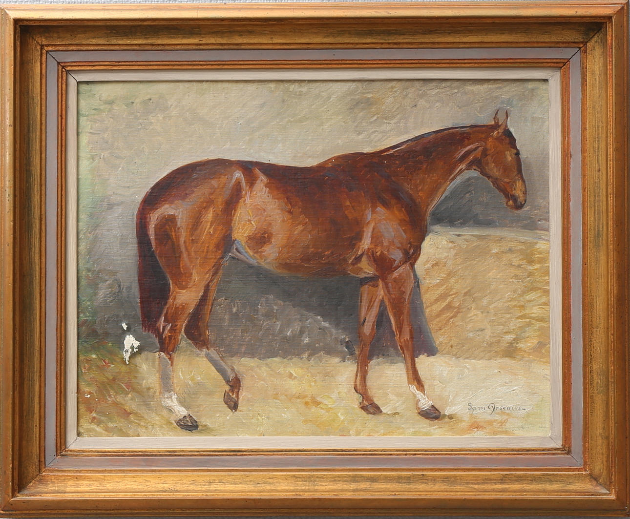 SAM ARSENIUS. "Shipwreck, fullblod född i England". Olja på pannå, signerad.