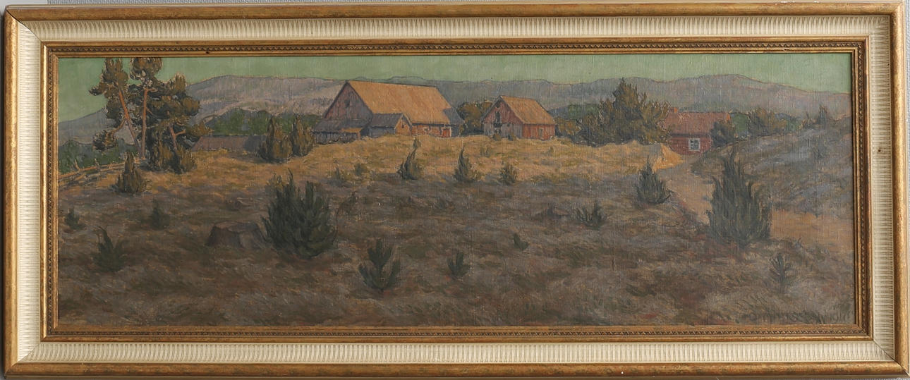OIDENTIFIERAD KONSTNÄR. Landskap med gård. Olja på duk, signerad.