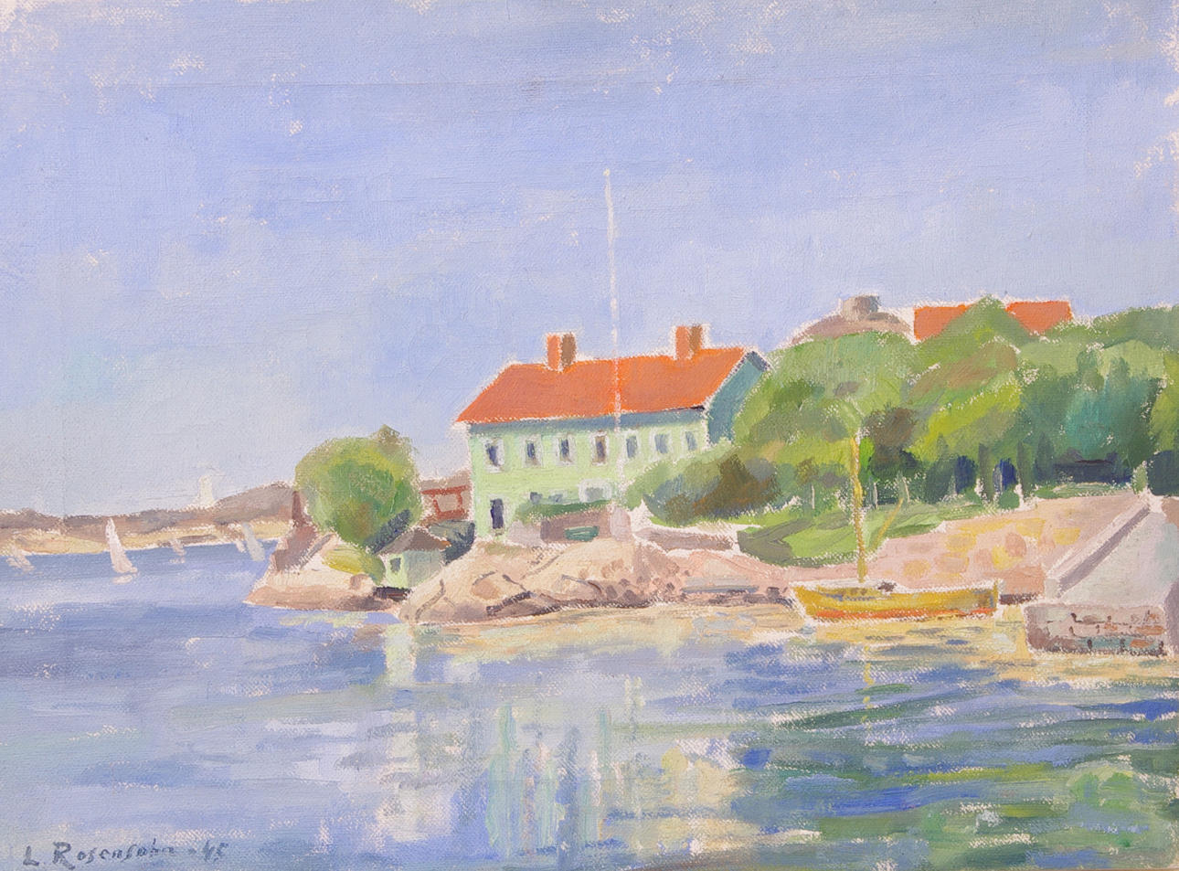 LENNART ROSENSOHN. Kustparti med hus och båtar, olja på duk, signerad L. Rosensohn -45.