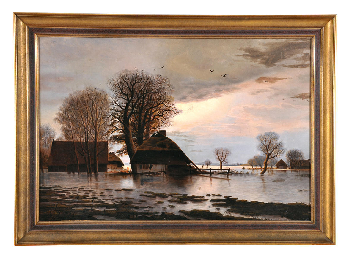 GEHÖFT BEI HOCHWASSER. Thatched Kate, pilar, fåglar, solnedgång.