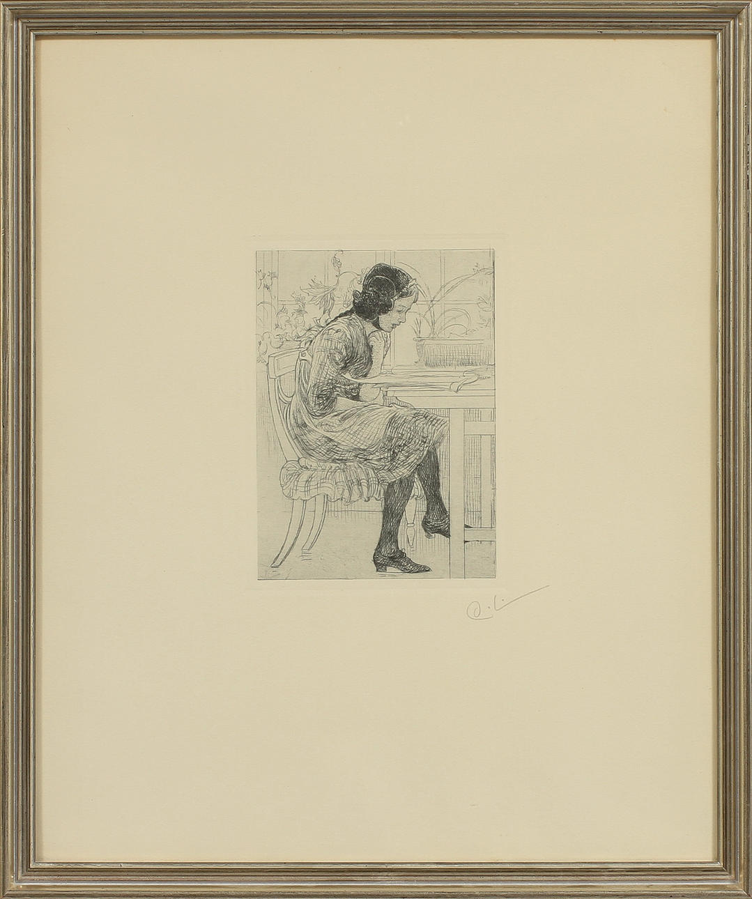 CARL LARSSON. "Lektyr" 1916. Etsning, monogramsignerad.