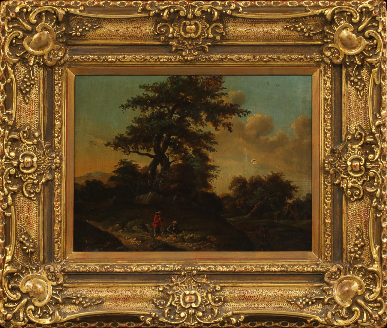 OIDENTIFIERAD KONSTNÄR. Landskap med figurstaffage. Olja på duk, 1700-tal.