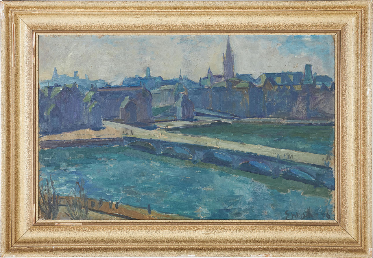 ERIK ENROTH. Cityscape with bridge, oil on Board, signed and dated 1946.